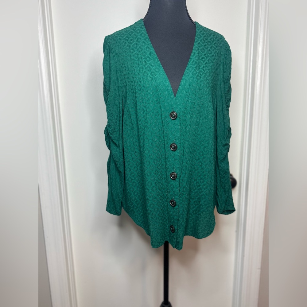 Maeve by Anthropologie Rhombus Button Up Ruched Sleeves Women Blouse Size 14